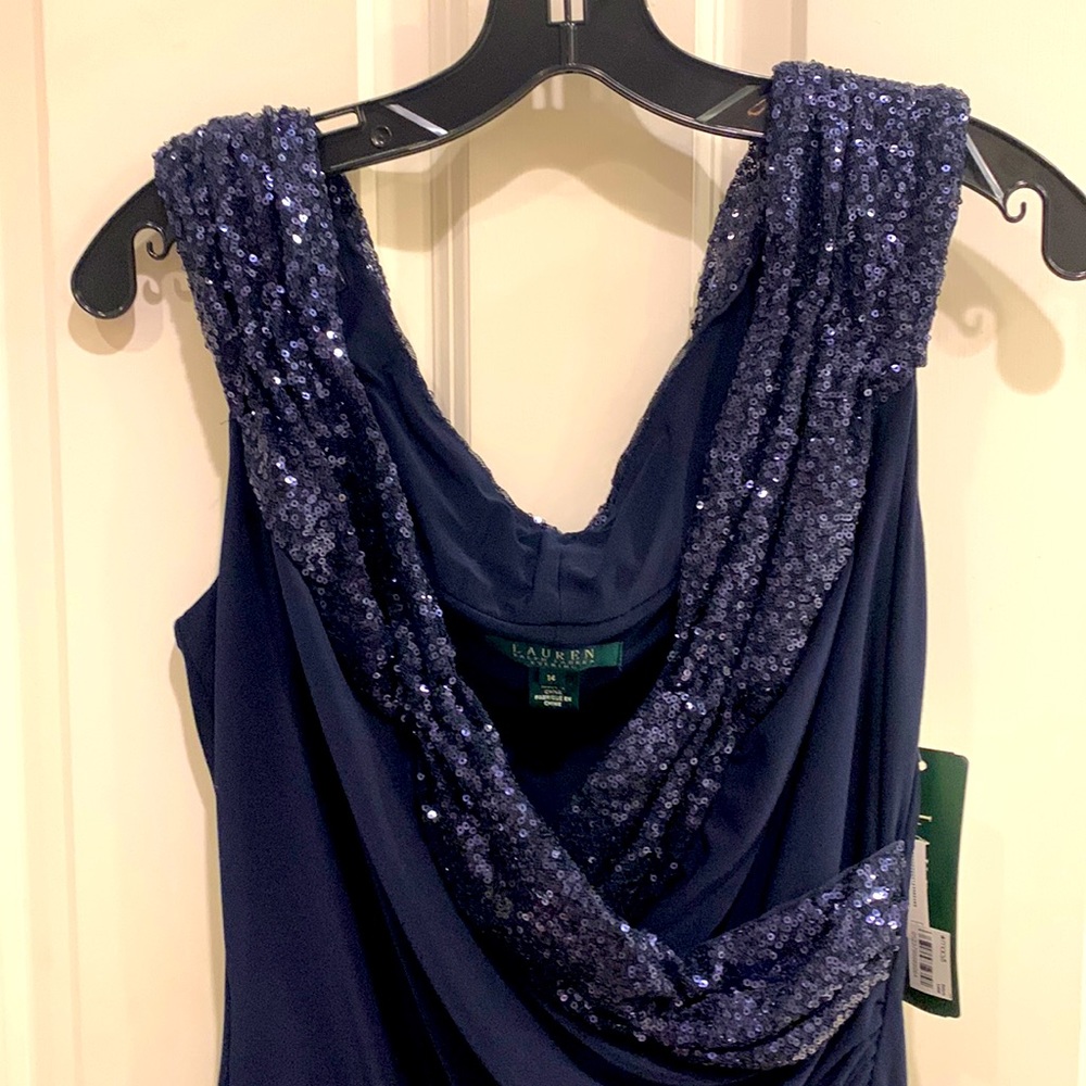 Vintage Ralph Lauren royal blue  ruched v neck sleeveless sequin dress size 14